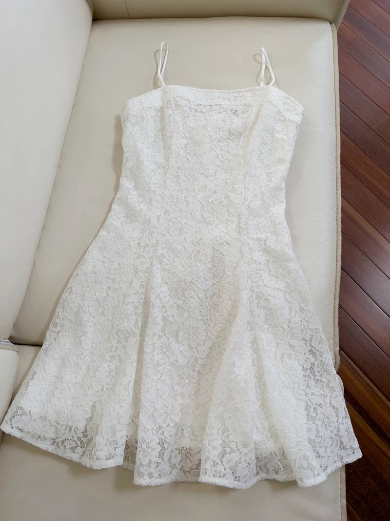 Modest A line Spaghetti Straps White Lace Short Homecoming Dresses Birthday Outfit C2255