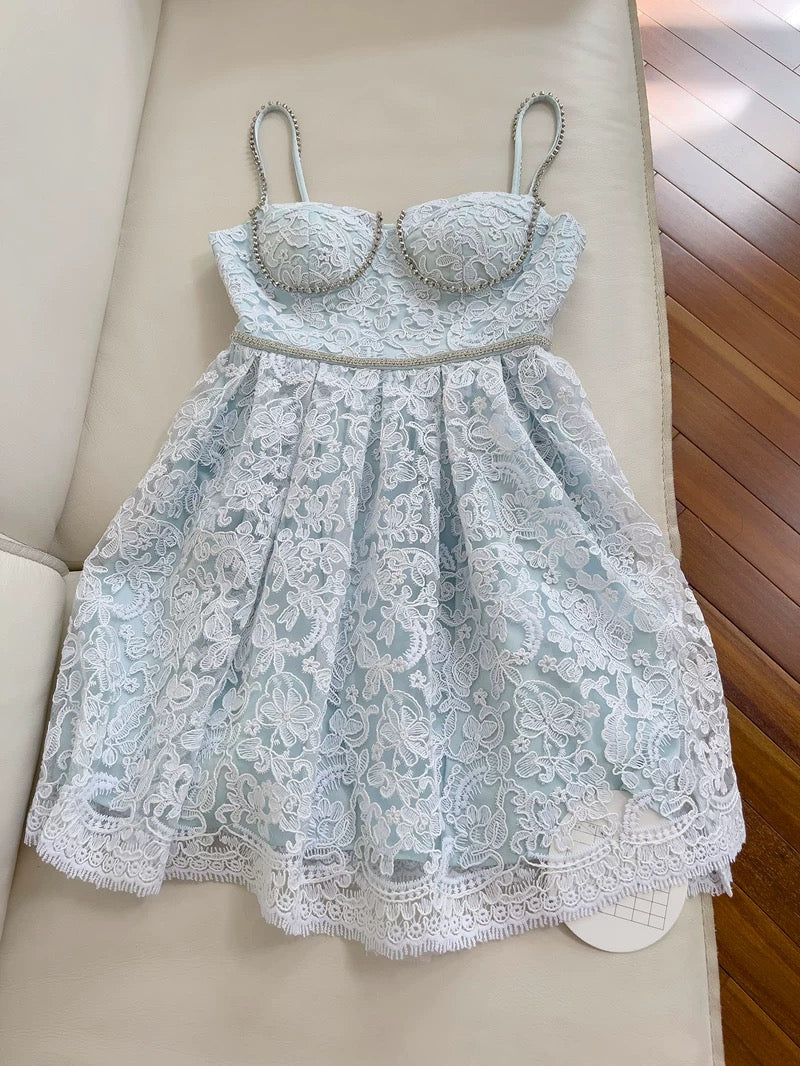 Modest A line Spaghetti Straps Light Skye Blue Lace Short Homecoming Dresses Birthday Outfit C2256