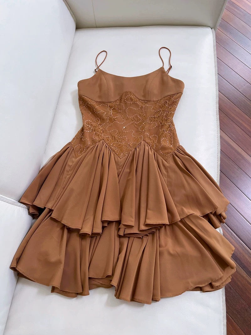 Modest A line Spaghetti Straps Brown Lace Short Homecoming Dresses Birthday Outfit C2257