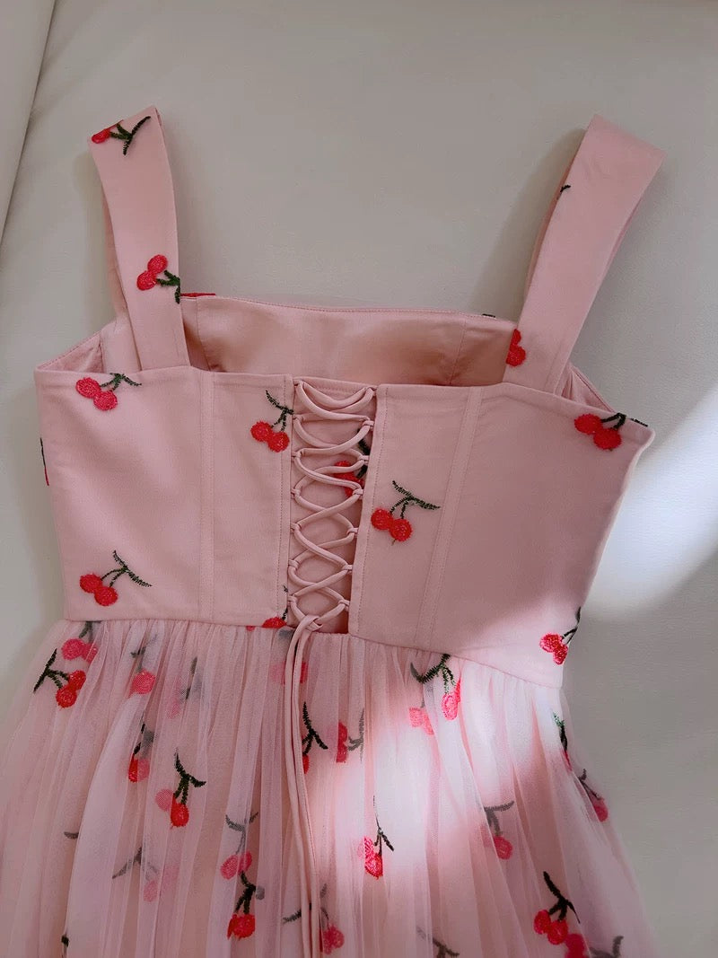 Robe de bal à bretelles trapèze modeste rose à fleurs CC2258