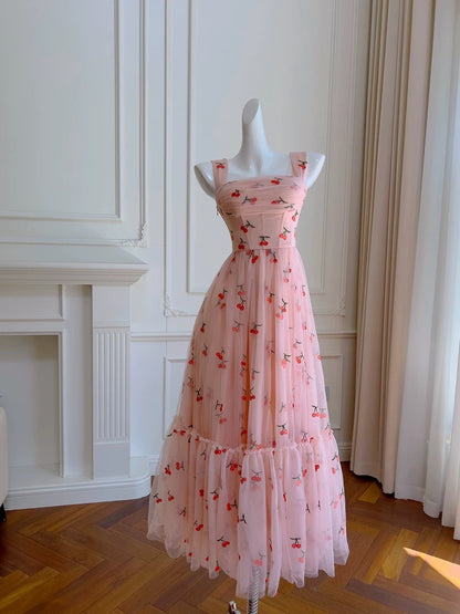 Robe de bal à bretelles trapèze modeste rose à fleurs CC2258