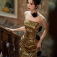 Modest Mermaid Strapless Sequin Gold Long Prom Dresses C225