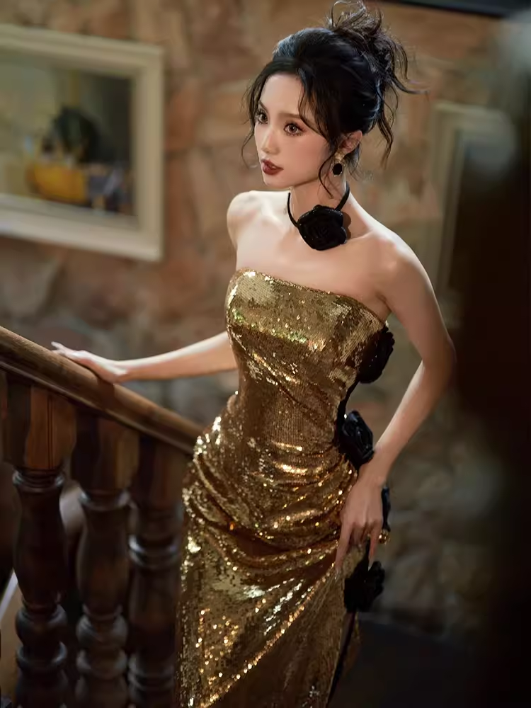 Modest Mermaid Strapless Sequin Gold Long Prom Dresses C225