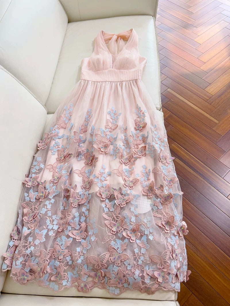 Robe de bal longue rose modeste en dentelle à licou et ligne A C2261