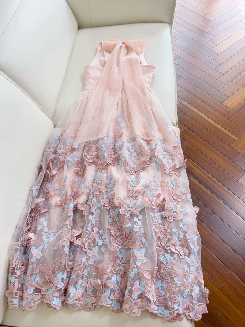 Robe de bal longue rose modeste en dentelle à licou et ligne A C2261