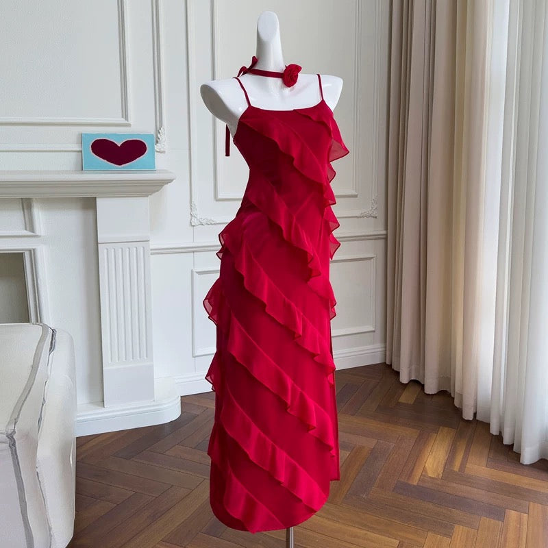 Robe de bal longue en mousseline de soie rouge à bretelles spaghetti modeste en ligne A Robes formelles C2262