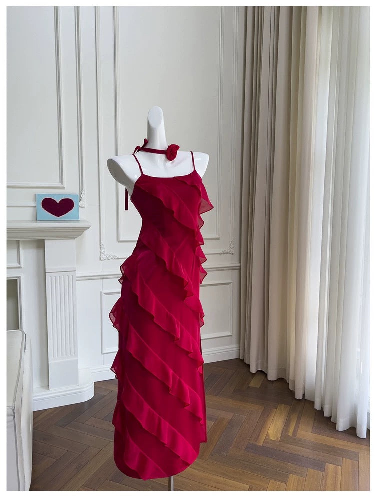 Robe de bal longue en mousseline de soie rouge à bretelles spaghetti modeste en ligne A Robes formelles C2262