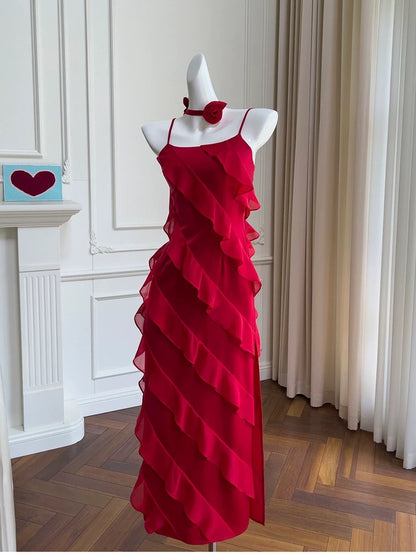 Robe de bal longue en mousseline de soie rouge à bretelles spaghetti modeste en ligne A Robes formelles C2262