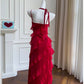 Robe de bal longue en mousseline de soie rouge à bretelles spaghetti modeste en ligne A Robes formelles C2262