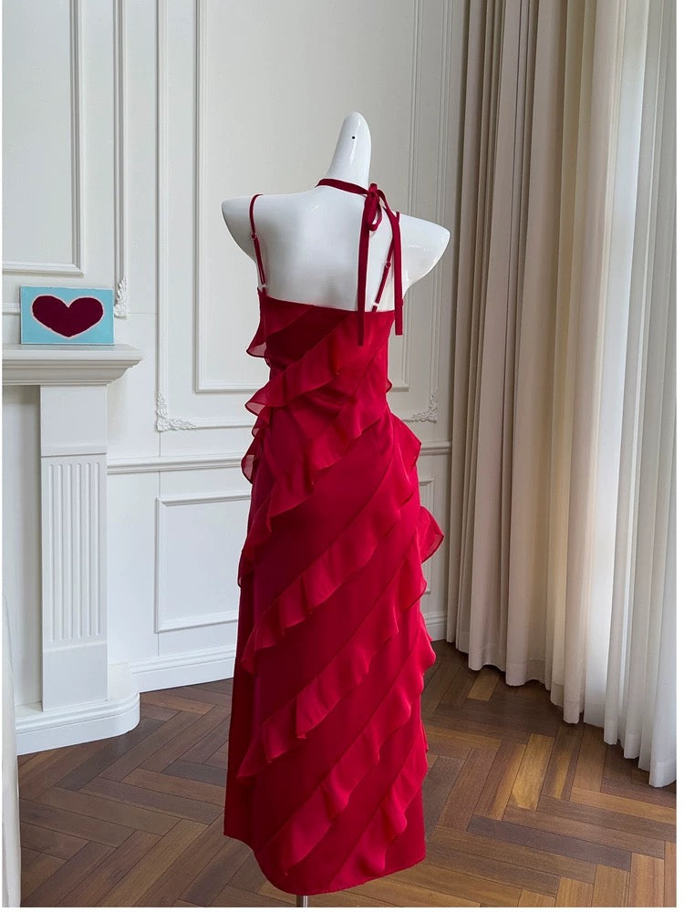 Robe de bal longue en mousseline de soie rouge à bretelles spaghetti modeste en ligne A Robes formelles C2262