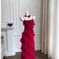 Robe de bal longue en mousseline de soie rouge à bretelles spaghetti modeste en ligne A Robes formelles C2262