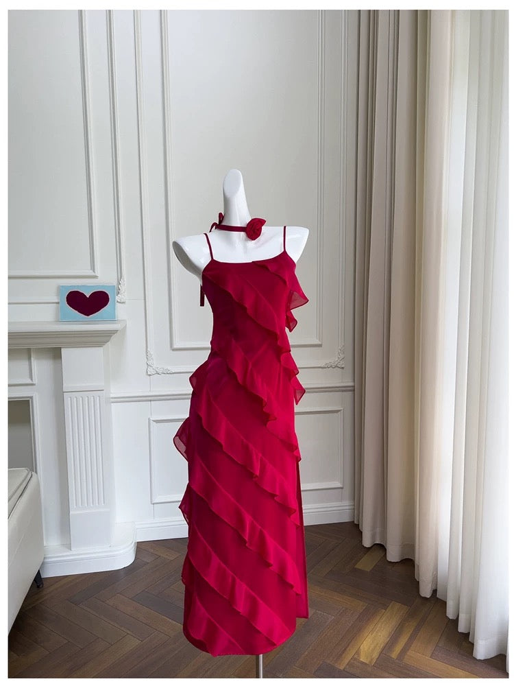 Robe de bal longue en mousseline de soie rouge à bretelles spaghetti modeste en ligne A Robes formelles C2262