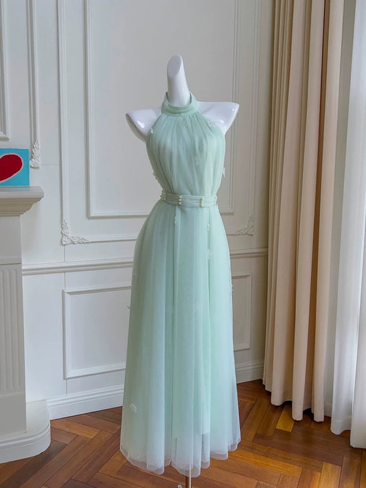 Robe de bal modeste en tulle vert menthe avec licou et ligne A C2263