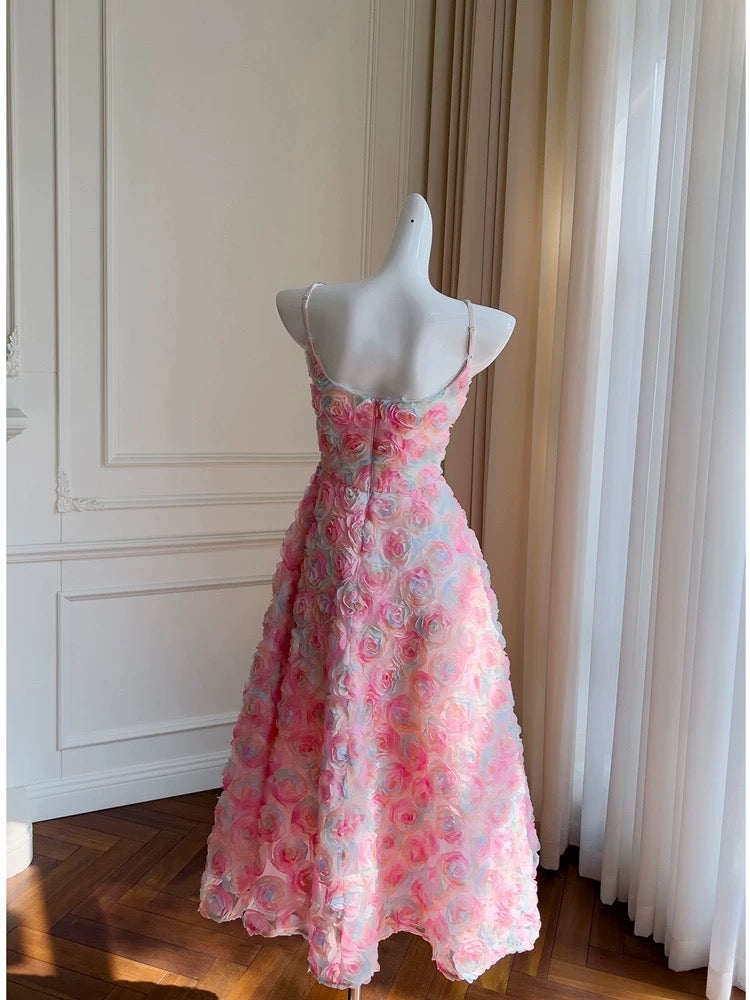 Robe de bal à bretelles spaghetti modeste en ligne A rose à fleurs, robes de soirée formelles C2264