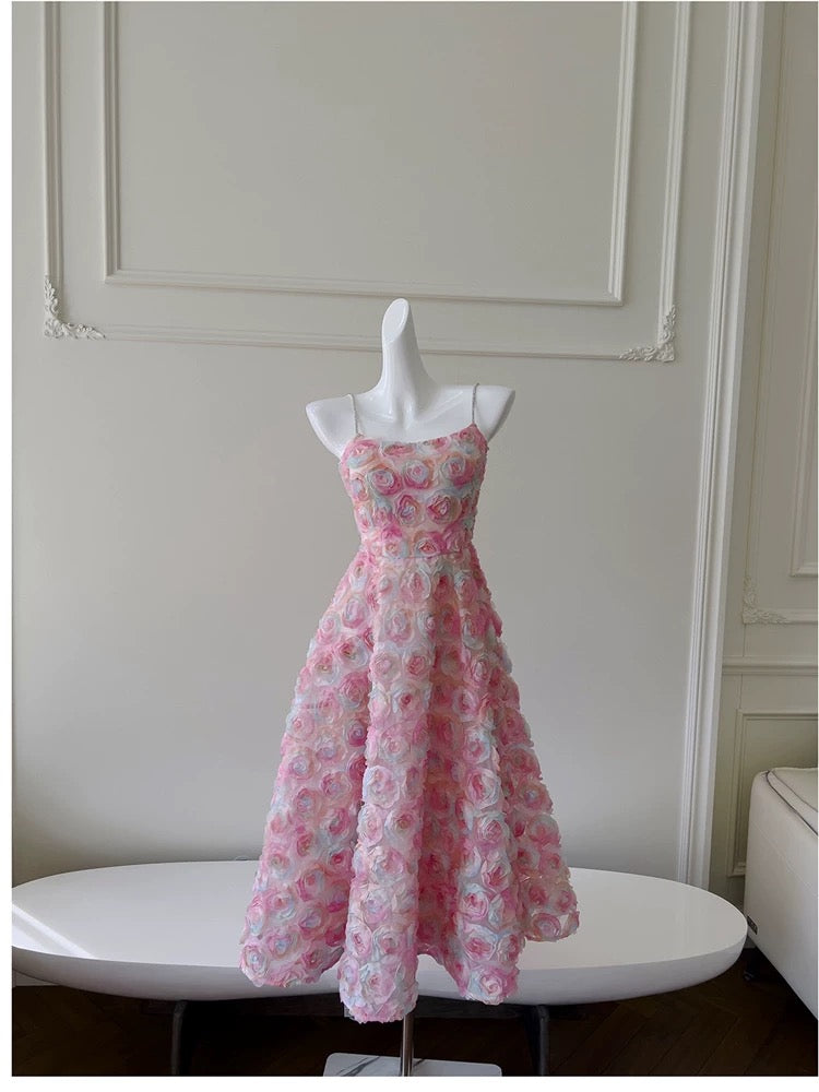 Robe de bal à bretelles spaghetti modeste en ligne A rose à fleurs, robes de soirée formelles C2264