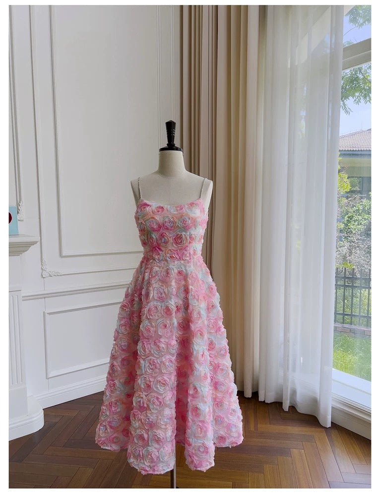 Robe de bal à bretelles spaghetti modeste en ligne A rose à fleurs, robes de soirée formelles C2264