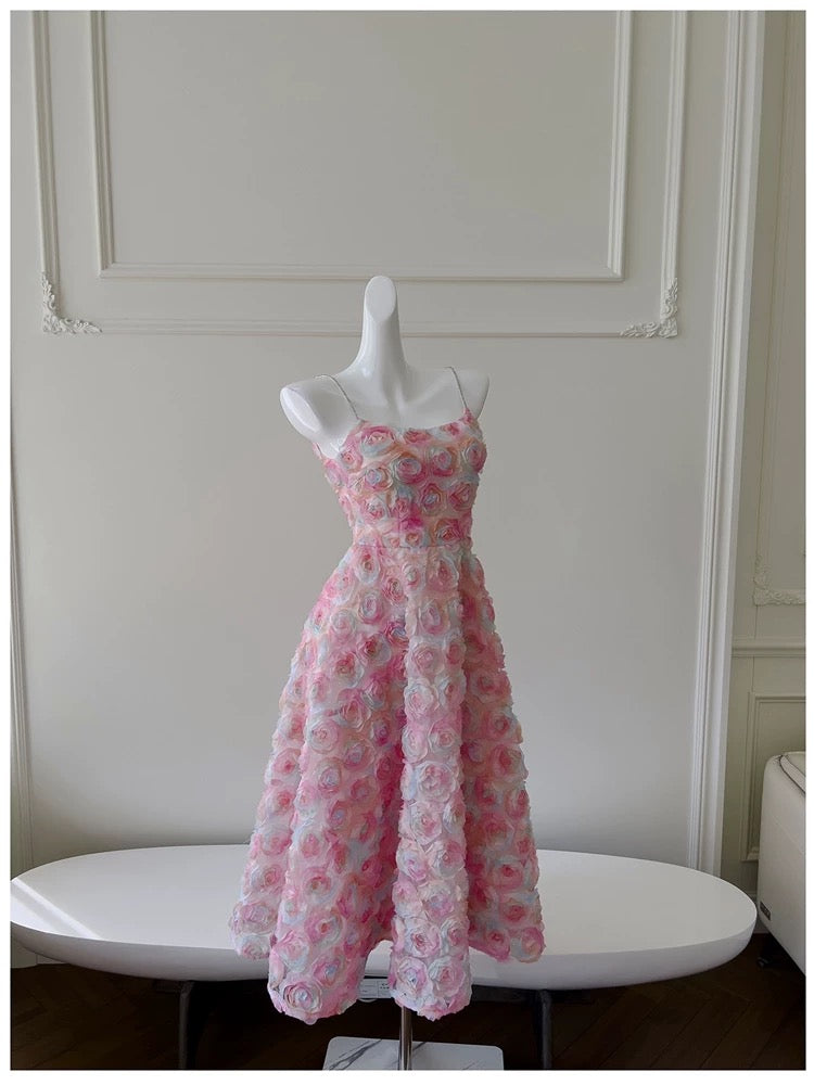 Robe de bal à bretelles spaghetti modeste en ligne A rose à fleurs, robes de soirée formelles C2264