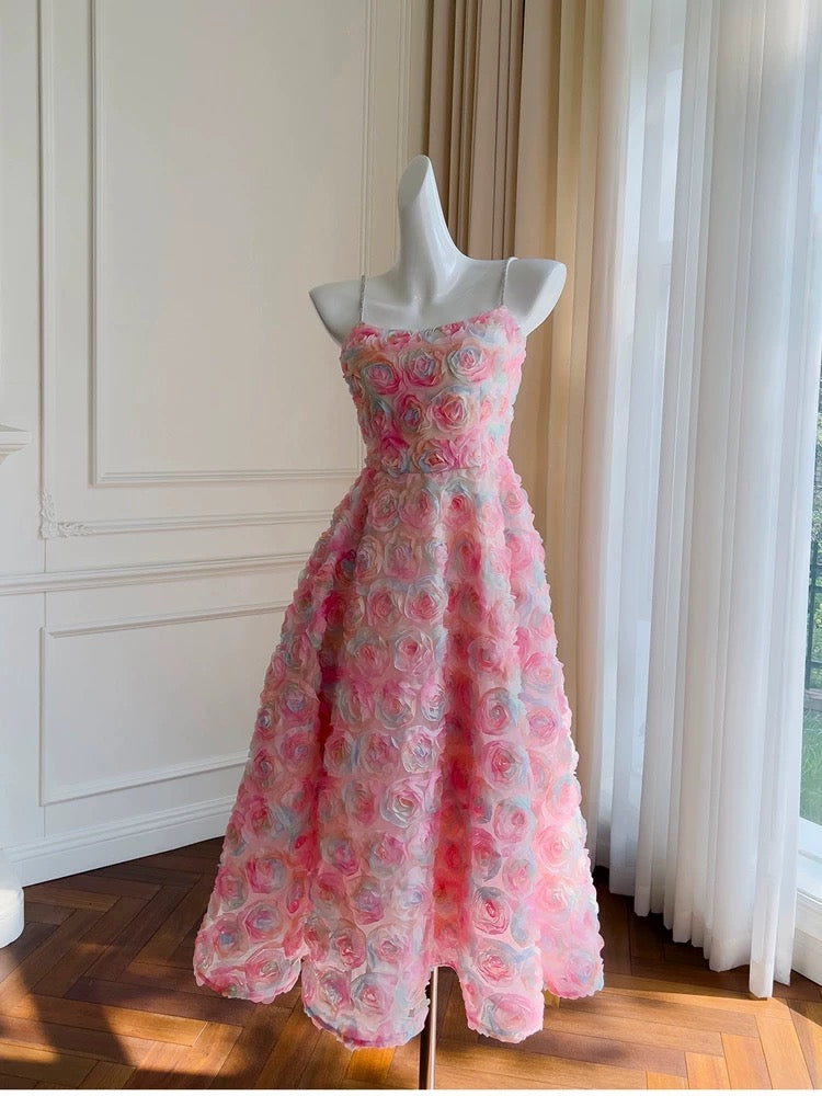 Robe de bal à bretelles spaghetti modeste en ligne A rose à fleurs, robes de soirée formelles C2264