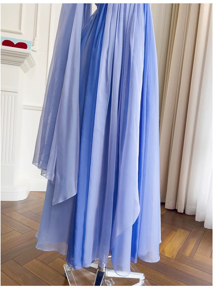 Robe de bal en mousseline de soie bleue à bretelles spaghetti modestes, robe de soirée formelle C2266