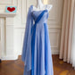 Robe de bal en mousseline de soie bleue à bretelles spaghetti modestes, robe de soirée formelle C2266