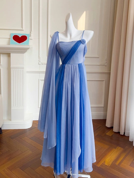 Robe de bal en mousseline de soie bleue à bretelles spaghetti modestes, robe de soirée formelle C2266