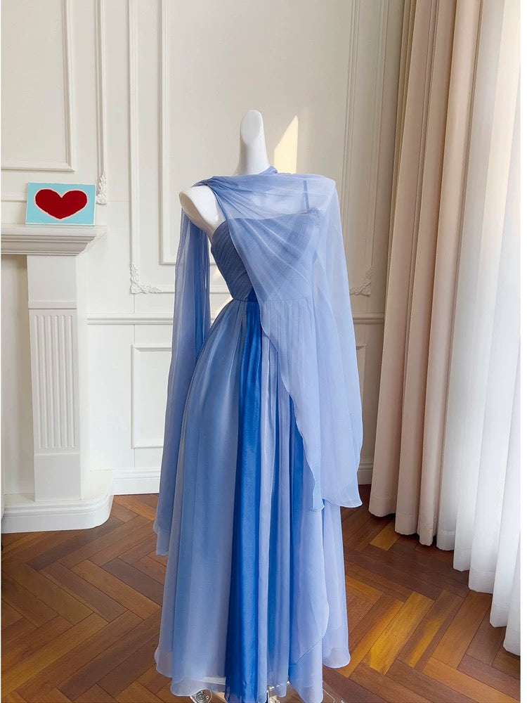 Robe de bal en mousseline de soie bleue à bretelles spaghetti modestes, robe de soirée formelle C2266