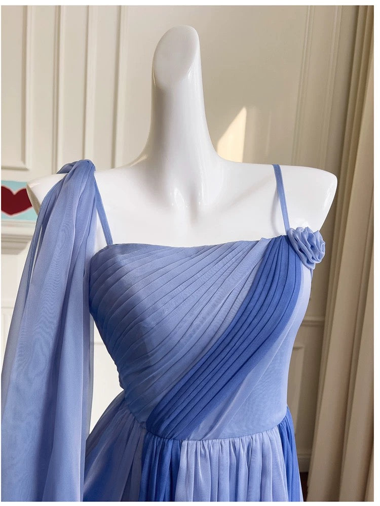 Robe de bal en mousseline de soie bleue à bretelles spaghetti modestes, robe de soirée formelle C2266