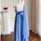 Robe de bal en mousseline de soie bleue à bretelles spaghetti modestes, robe de soirée formelle C2266