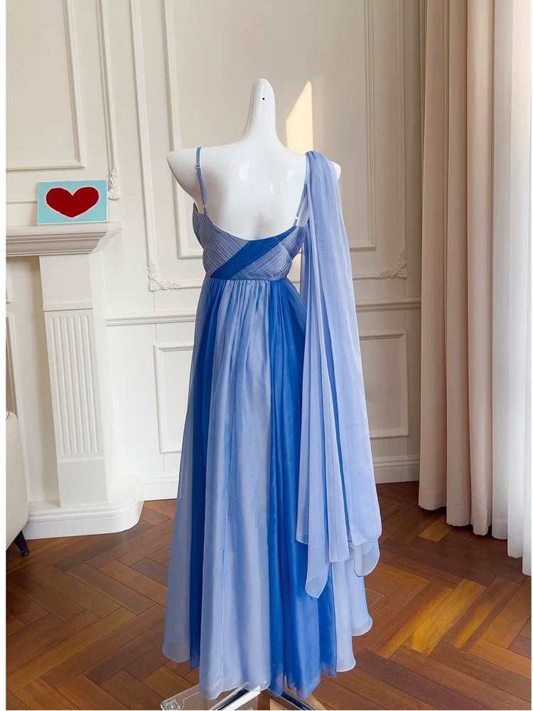 Robe de bal en mousseline de soie bleue à bretelles spaghetti modestes, robe de soirée formelle C2266