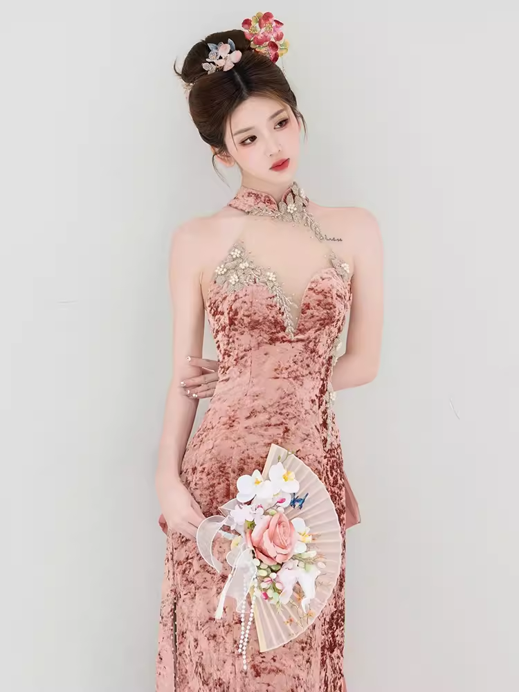 Robe de bal longue en velours rose, Sexy, décolleté haut, tenue d'anniversaire, C226