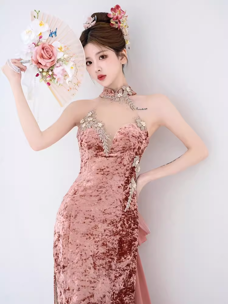 Robe de bal longue en velours rose, Sexy, décolleté haut, tenue d'anniversaire, C226