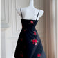 Simple A Line Spaghetti Straps Short Black Satin Floral Homecoming Dresses Birthday Outfit C2274