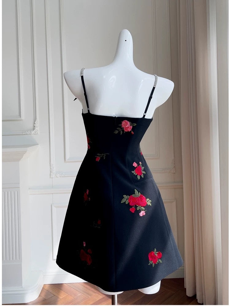 Simple A Line Spaghetti Straps Short Black Satin Floral Homecoming Dresses Birthday Outfit C2274