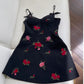 Simple A Line Spaghetti Straps Short Black Satin Floral Homecoming Dresses Birthday Outfit C2274