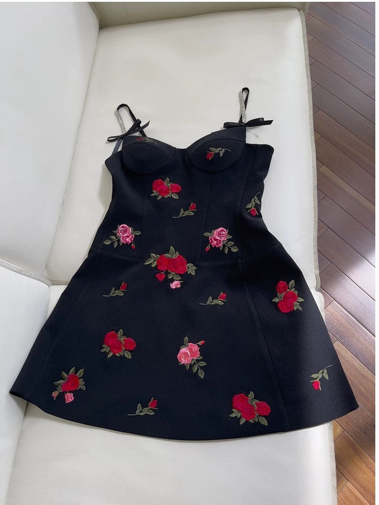 Simple A Line Spaghetti Straps Short Black Satin Floral Homecoming Dresses Birthday Outfit C2274