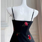 Simple A Line Spaghetti Straps Short Black Satin Floral Homecoming Dresses Birthday Outfit C2274