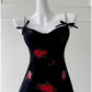 Simple A Line Spaghetti Straps Short Black Satin Floral Homecoming Dresses Birthday Outfit C2274