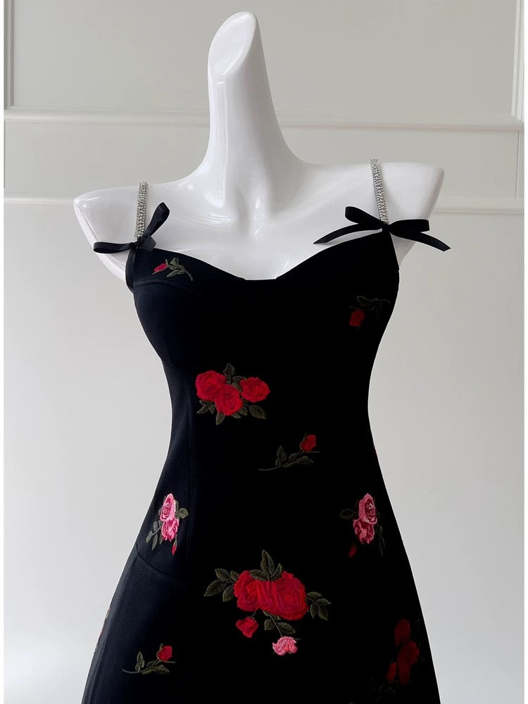 Simple A Line Spaghetti Straps Short Black Satin Floral Homecoming Dresses Birthday Outfit C2274