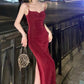 Modest Sheath Spaghetti Straps Burgundy Velvet Slit Prom Dress Formal Dresses C2277