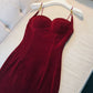 Modest Sheath Spaghetti Straps Burgundy Velvet Slit Prom Dress Formal Dresses C2277