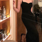 Sexy Sheath Spaghetti Straps Black Velvet Slit Prom Dress Formal Dresses C2284