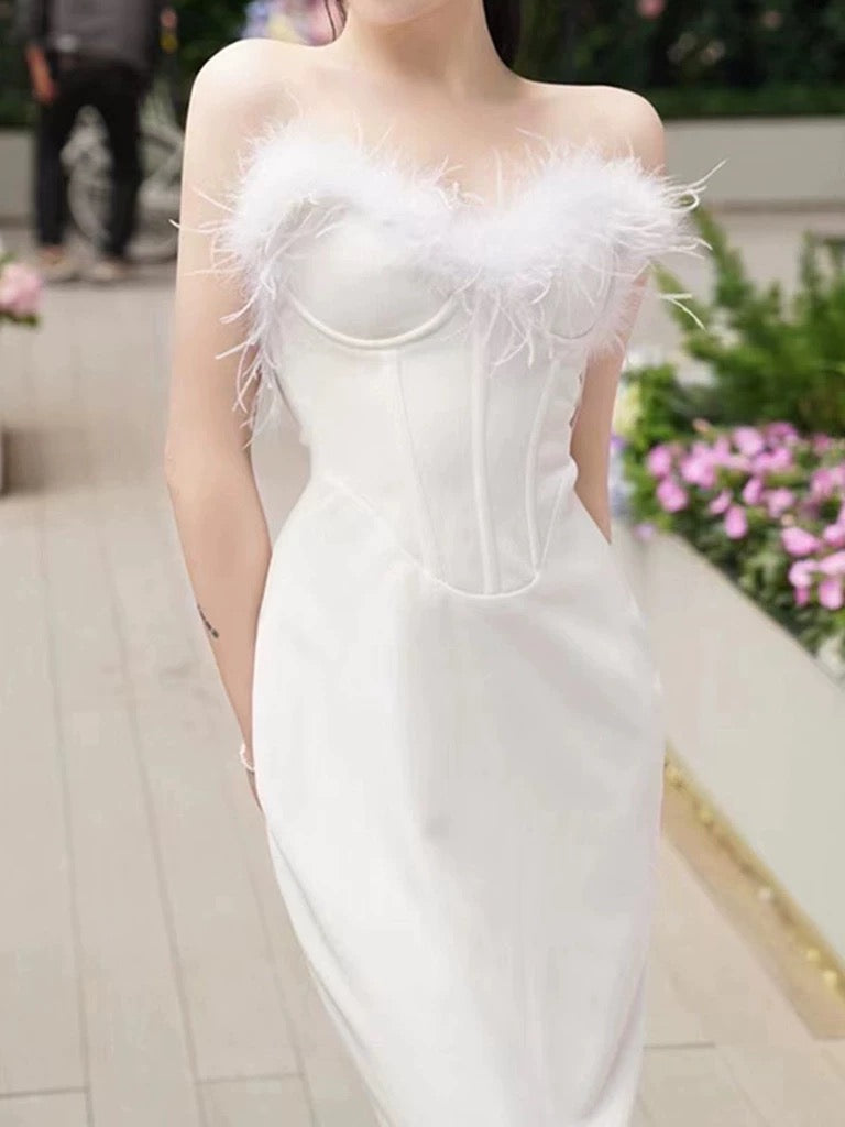 Robe de bal sexy fourreau chérie blanche longueur cheville robes formelles avec plumes C2285