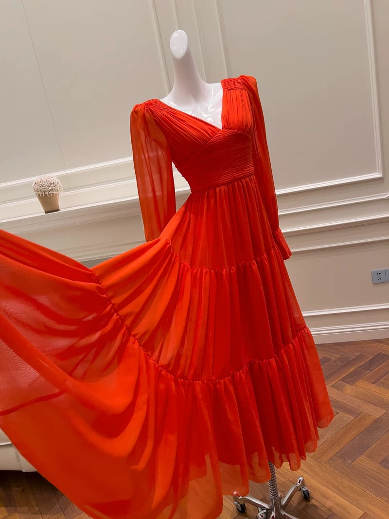 Robe de bal sexy à manches longues et longueur cheville, coupe trapèze, rouge, avec volants, C2289