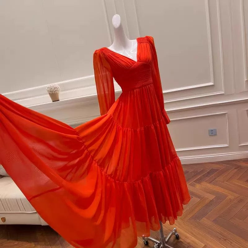 Robe de bal sexy à manches longues et longueur cheville, coupe trapèze, rouge, avec volants, C2289