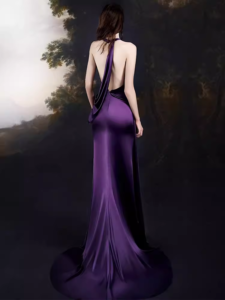 Sexy Mermaid High Neckline Grape Satin Long Prom Dresses Birthday Outfits C228