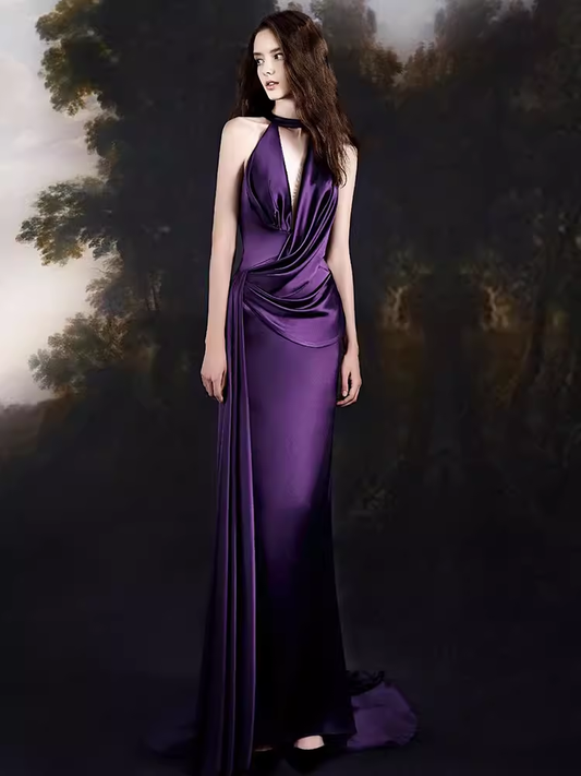 Sexy Mermaid High Neckline Grape Satin Long Prom Dresses Birthday Outfits C228