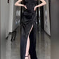 Sexy Sheath Spaghetti Straps Black Floor Length Prom Dress Formal Dresses With Slit C2293