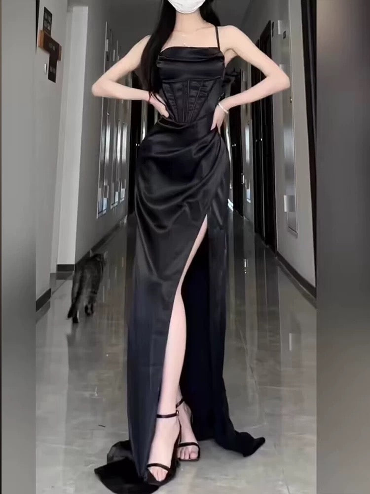 Sexy Sheath Spaghetti Straps Black Floor Length Prom Dress Formal Dresses With Slit C2293