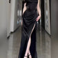 Sexy Sheath Spaghetti Straps Black Floor Length Prom Dress Formal Dresses With Slit C2293