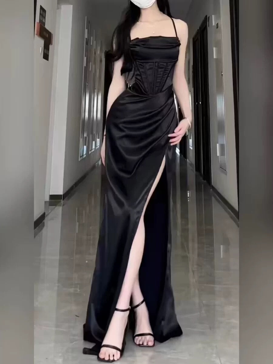 Sexy Sheath Spaghetti Straps Black Floor Length Prom Dress Formal Dresses With Slit C2293